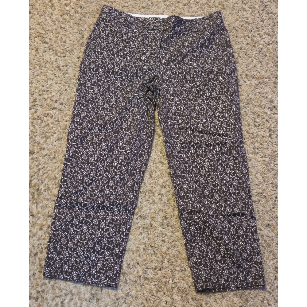 Talbots Signature Floral Pants Women's Size 10 Brown White Back Button Pockets